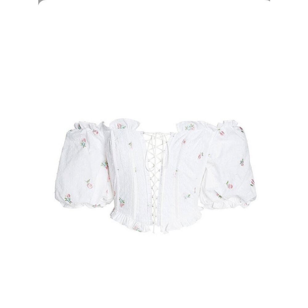 FOR LOVE & LEMONS Rainey Crop Top IVORY XS Eyelet Puff Sleeve Lace-Up - Picture 3 of 9